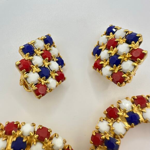 Bundle jewelry lot 3 gold tone patriotic rhinestones brooches clip on earrings - Picture 4 of 6